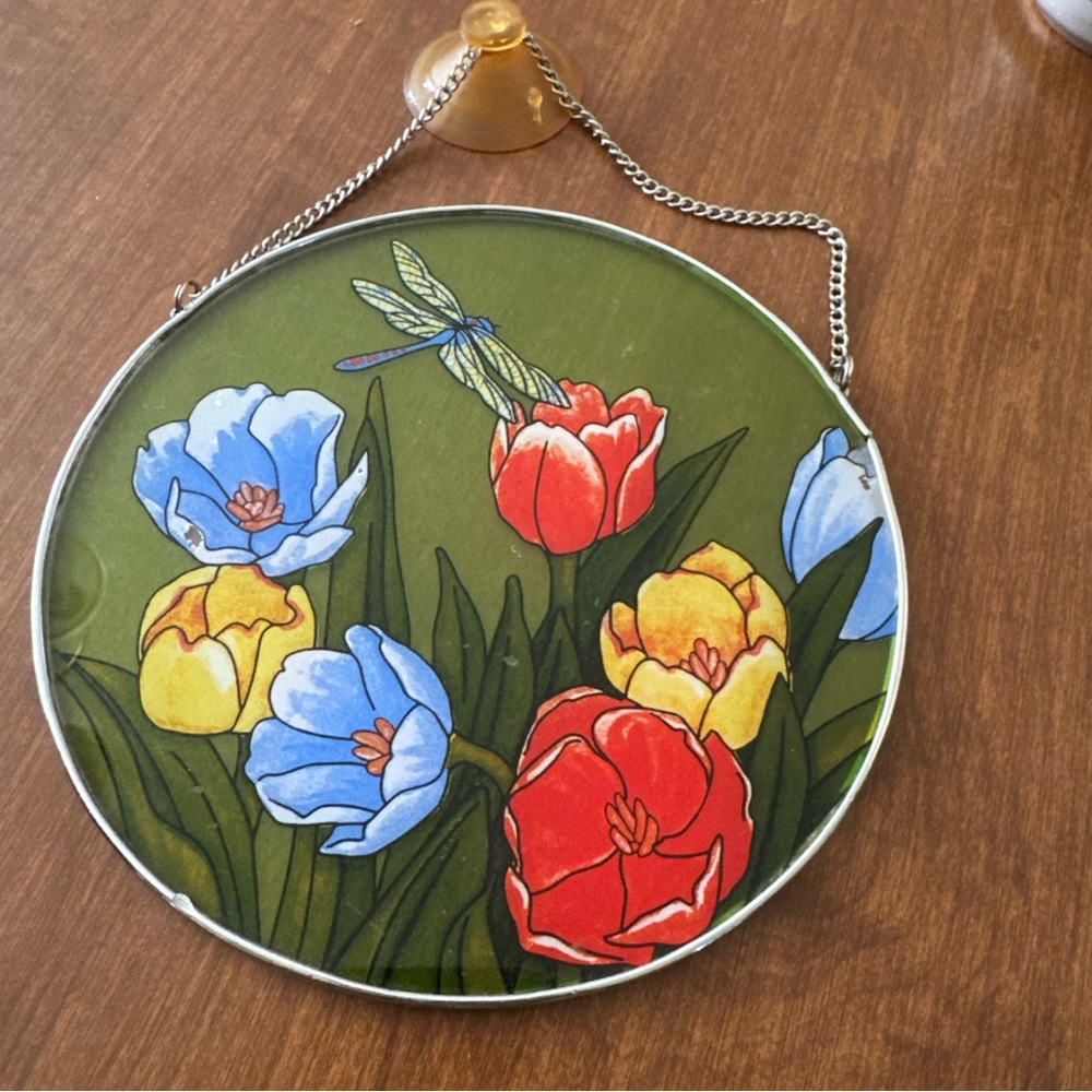 Floral Stained Glass Wall Decor with Dragonfly